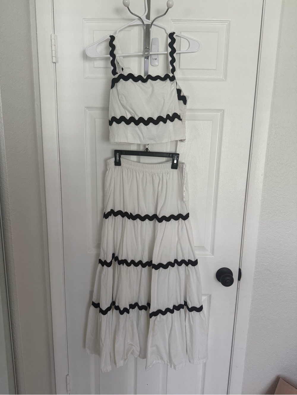 White Two-Piece Cropped Top and Tiered Skirt with Black Trim